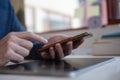 Social media marketing concept. Man hand using smartphone typing, chatting Royalty Free Stock Photo