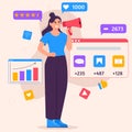 Social media marketing concept with woman with megaphone and icons of SMM. Young woman managing SMM strategy processes