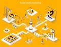 Social media marketing isometric web banner. Communication, online promotion flat isometry concept. Advertising, SMM