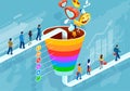 Social media marketing and target audience concept. Isometric funnel infographic of a customer retention Royalty Free Stock Photo