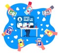 Social media marketing vector illustration, cartoon hands with smartphone liking online post of flat man blogger