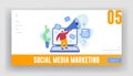 Social Media Marketing Website Landing Page. Man Stand on Huge Laptop Shouting in Megaphone. Promotion
