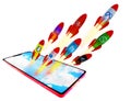 Social media bussiness marketing missiles flying ingition to the market sky - 3d rendering