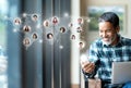 Social media network,  Global network connection and people connecting all over the world map. Smiling happy mature man using Royalty Free Stock Photo