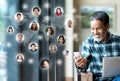 Social media network,  Global network connection and people connecting all over the world map. Smiling happy mature man using Royalty Free Stock Photo