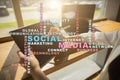 Social media network and marketing. Business, technology concept. Words cloud on virtual screen. Royalty Free Stock Photo