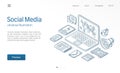 Social Media Network modern isometric line illustration. News feed, post content, business communicate sketch drawn