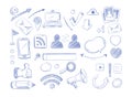 Social media network vector doodles, internet computer hand draw icons Royalty Free Stock Photo