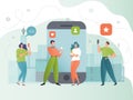 Social media network vector illustration, cartoon tiny people community using smartphone follow, like, feedback on blog Royalty Free Stock Photo