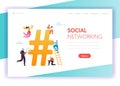 Social Media Networking Communication Concept Landing Page Template. People Characters using Gadgets Mobile Marketing