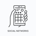 Social media networks flat line icon. Vector outline illustration of hand holding mobile phone with feed on screen. SMM Royalty Free Stock Photo