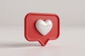 Social media notification icon with white heart on red speech bubble like button 3D rendering white background Royalty Free Stock Photo