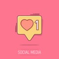 Social media notification sign icon in comic style. Like, comment, follow vector cartoon illustration on white isolated background