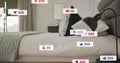 Social media notifications image over modern bedroom with neatly arranged pillows Royalty Free Stock Photo