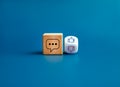 Comment icon on wooden cube block, like and unlike hand symbol on flipping white dice.