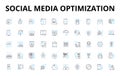 Social media optimization linear icons set. Branding, Engagement, Sharing, Visibility, Content, Analytics, Hashtags