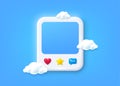 Social media photo 3d frame with heart, like, message. Clean empty photo post template. Vector