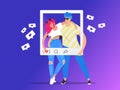 Social media photo rating and sharing. Gradient vector illustration of two young teenegers posing together for likes Royalty Free Stock Photo