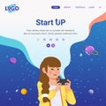 Social media post image for modern start up business company, young women playing game with her phone, outer space as background