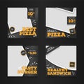 Social media post template for food promotion banner. burger and pizza sale banner frame in orange and dark black color