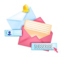 Subscribe newsletter, online email marketing isolated vector 3D concept, envelopes, notification bell. Royalty Free Stock Photo