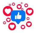 Social media reactions icons like, love button, heart, thumb up, button sign in speech bubble - vector
