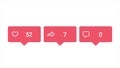 Social media red icons with increasing number of likes, reposts and comments isolated on white background, popularity