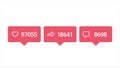 Social media red icons with increasing number of likes, reposts and comments isolated on white background, popularity