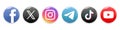 Social media set buttons. Facebook, instagram, twitter x, youtube, telegram, tiktok