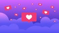 Social media speech bubbles with hearts flying in clouds