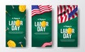 Social media stories banner for labor day with 3d safety helmet worker with american independence day flag with green board Royalty Free Stock Photo