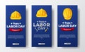 Social media stories banner for labor day with 3d safety helmet worker with blue background