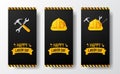 Social media stories banner for labor day with 3d safety helmet worker, hammer, wrench, with yellow line and black background