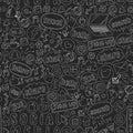 Social media and teamwork icons. Patterns on black background. Chalk illustration on blackboard. Management, business.