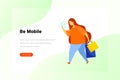 Social Media Technology Mobile Lifestyle Flat style landing page banner vector illustration. Woman walking and looks at smartphone