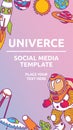 Social media template of galaxy cosmic elements astronaut, earth, satellite, comet, planet, sun, rocket and meteorite