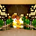 Social Media Template Or Post Design With 3D Little Girl Holding Umbrella, Tree And Blurred Lights Effect On Rainfall