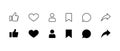 Social media vector icons set. Thumbs up, like or heart, comment, share and follow symbol. Button notification sign