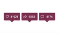 Social media violet icons with reducing number of likes, reposts and comments isolated on white background, popularity