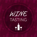 Social media winetasting banner. Invitation flyer with transparent circle on the seamless wine glasses and bottle background