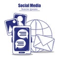 Social media, world smartphone email photos blue line fill style