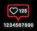 Social network activity indicators neon icon. Likes quantity significative. Notification with heart and speech cloud