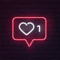 Social network activity indicators neon icon. One like quantity significative. Notification with heart, number 1 and Royalty Free Stock Photo