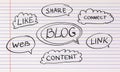 Social network and blogging concept with hand drawn words at notebook sheet background