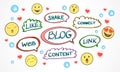 Social network and blogging concept with hand drawn words and social media icons at light background