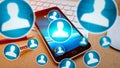 Social network blue avatar and mobile phone Royalty Free Stock Photo