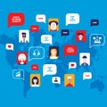 Social network concept People avatars with speech bubbles business icons for web on world map background Royalty Free Stock Photo