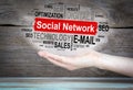 Social Network concept. Word cloud in female hand Royalty Free Stock Photo