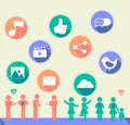 Social network icon with flat design and people with music, thumbup,video,image,bird,image,email,cloud,chat balloon with long Royalty Free Stock Photo