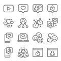 Social Network icons set vector illustration. Contains such icon as Thumb up, Like, Share, Love emoticon and more. Expanded Stroke Royalty Free Stock Photo